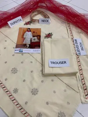 3 Pcs Girl's Dhanak Embroidered Shirt And Trouser Suit